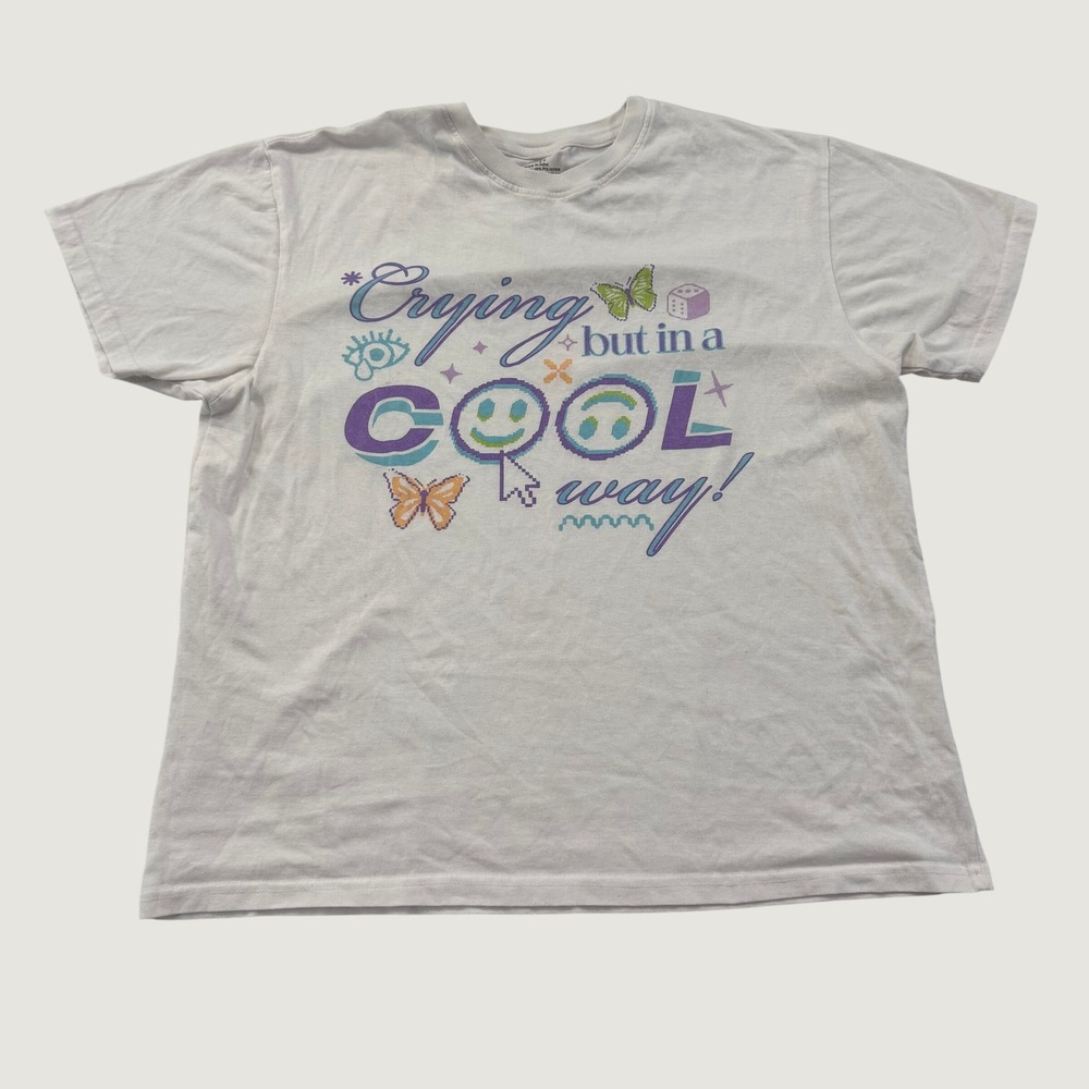 Crying But In A Cool Way Graphic T Shirt XL White Pixel Butterfly Smiley Tee
